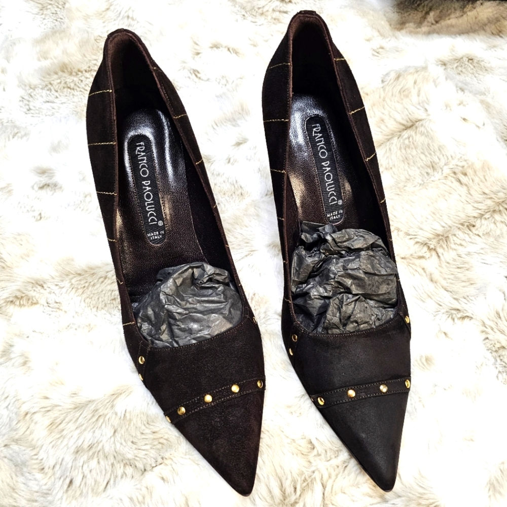 Franco Paolucci pointed‎ toe suede brown/ gold accents, square heel Sz 39 - Picture 9 of 13